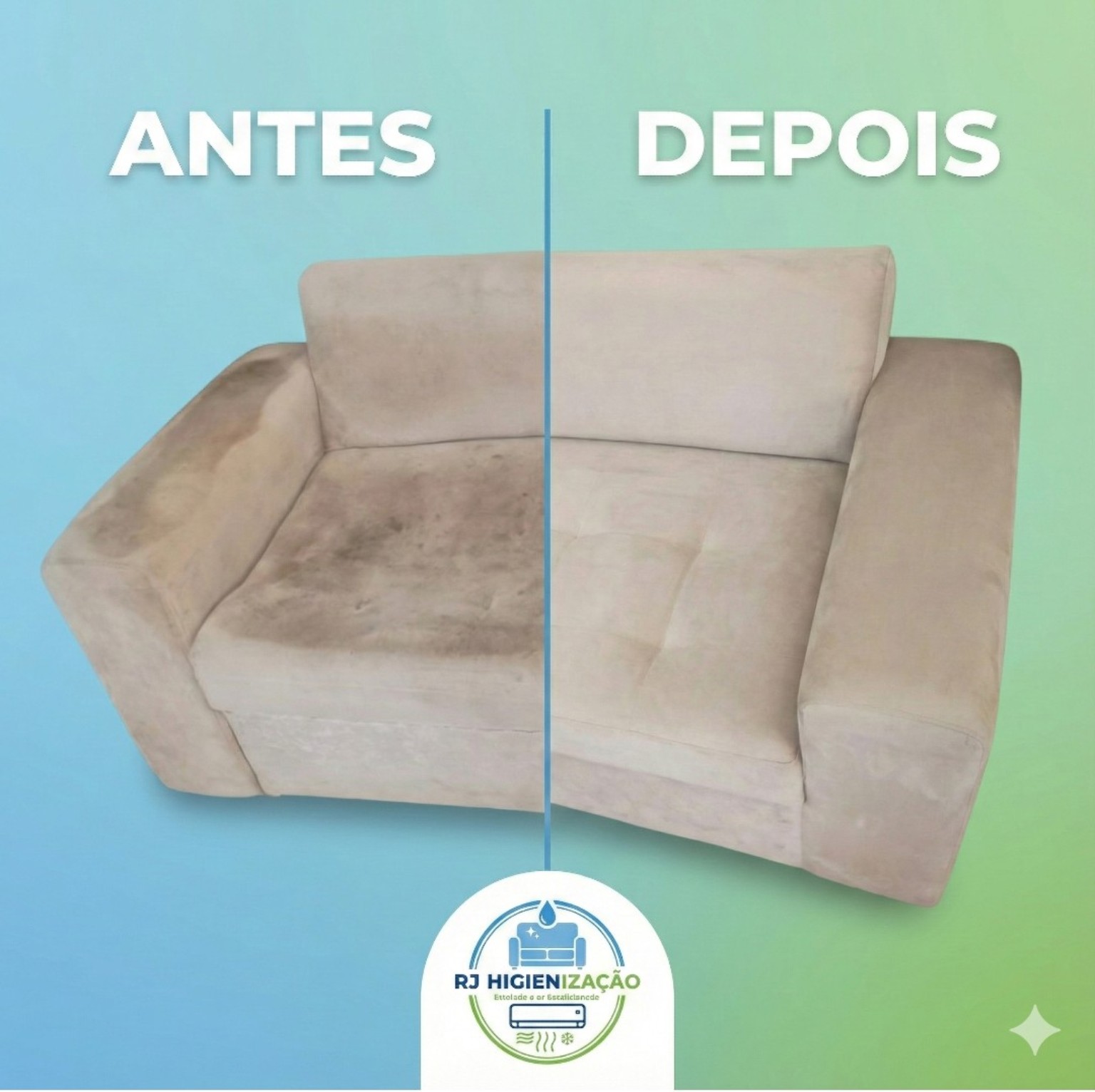 Antes - sofá com sujeira e marcas, abaixo limpo